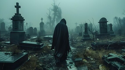 Cloaked Wanderer: Silent Doom over the Graveyard Mist. Concept Mysterious Figure, Eerie Atmosphere, Graveyard Fog, Cloaked Wanderer, Silent Doom - obrazy, fototapety, plakaty