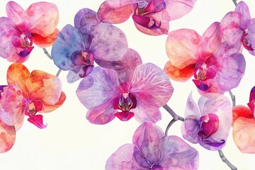 Elegant Watercolor Painting of Purple and Pink Orchids on a White Background for Botanical and Floral Designs