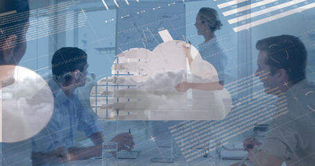 Image of statistics and data processing with memo notes over diverse business people