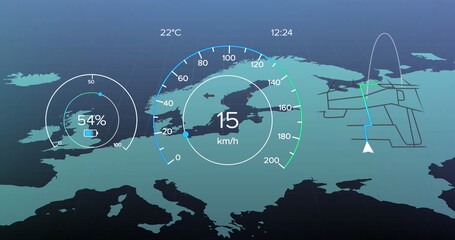 Naklejka premium Image of speedometer and battery level over map of europe