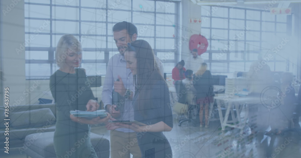 Poster Image of financial graphs over diverse businesspeople talking in office