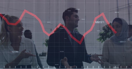 Image of red line, statistics and financial data processing over diverse business people