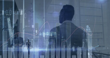 Image of financial data processing over african american businessman