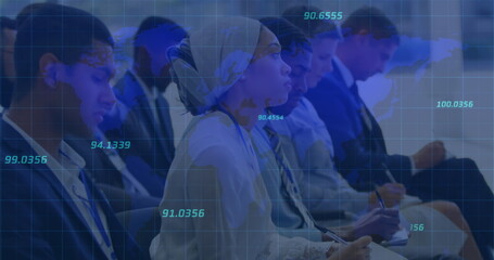 Image of numbers processing over diverse business people