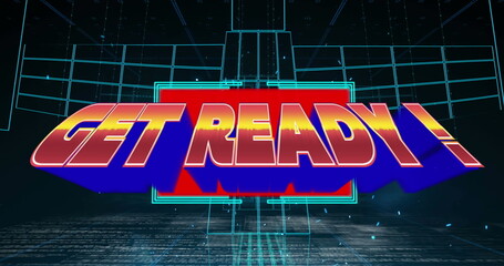 Digital image of get ready text banner over abstract neon shapes against blue background