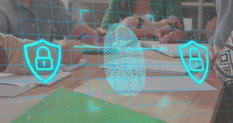 Image of fingerprint over hands of diverse businesspeople working