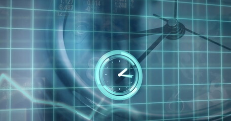Image of clock moving over clock and blue checked background