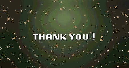 Digital image of confetti falling over thank you text banner against grey background