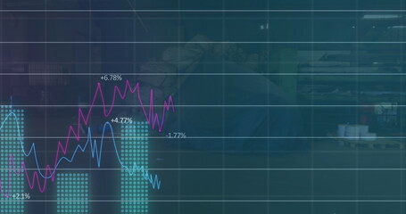 Image of financial data and graphs over junkyard
