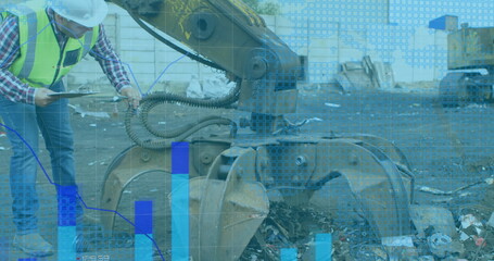 Image of financial data and graphs over caucasian male worker and machines on junkyard