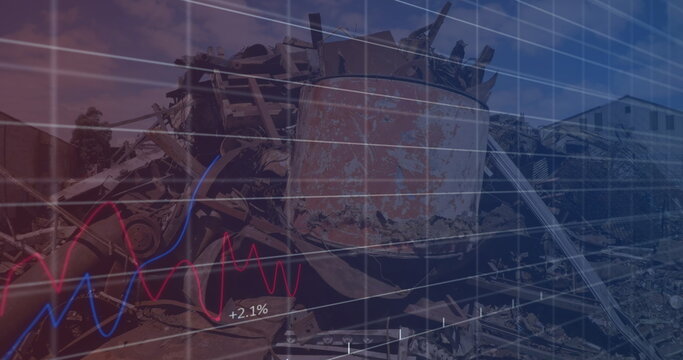 Image of financial data and graphs over machines on junkyard