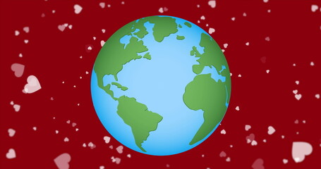 Image of hearts floating over red background with globe - obrazy, fototapety, plakaty