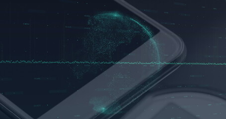 Image of glowing globe of connections and data processing over smartphone