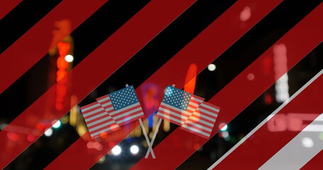 Image of red and white stripes and usa flags appearing over night cityscape