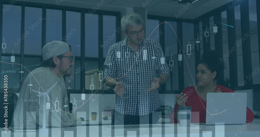 Poster image of statistics and data processing over man using smartphone
