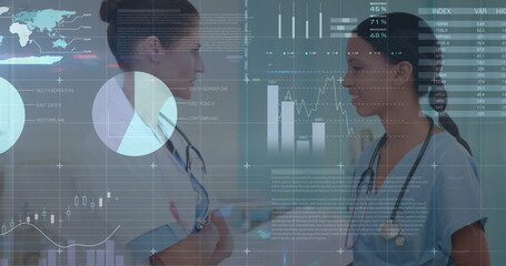Image of financial data processing over two diverse female doctors