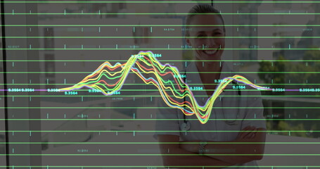 Image of financial data processing over two caucasian female doctor