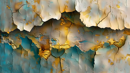 Vintage background with cracks filled gold and colorful paint and holes in it. - obrazy, fototapety, plakaty