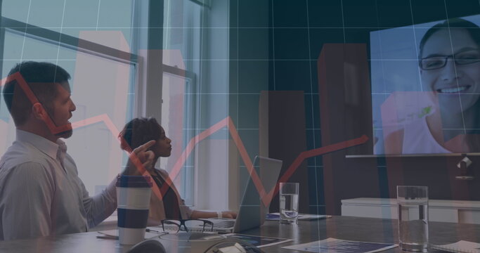 Statistical data processing over diverse businesspeople having a image conference at office