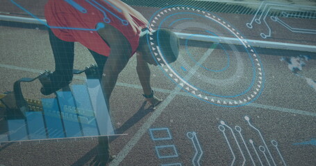 Image of data processing on digital screen over african american male runner with running blade