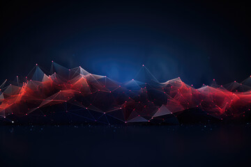 Abstract red triangle futuristic - Molecules technology with polygonal wave line shapes on dark blue background. Illustration Vector design digital technology concept. - obrazy, fototapety, plakaty
