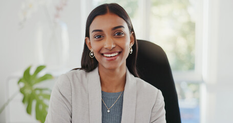 Happy business woman, office and accountant smile for career ambition, secretary or financial advisor. Face portrait of female person in pride for accounting job, Helpdesk or success at the workplace