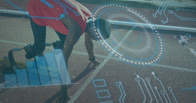 Image of data processing on digital screen over african american male runner with running blade