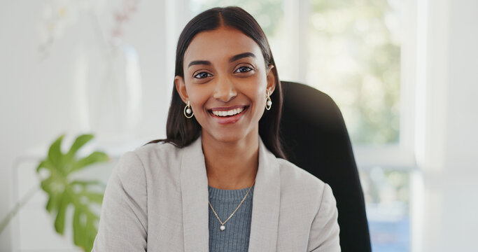 Fototapeta Happy business woman, office and accountant smile for career ambition, secretary or financial advisor. Face portrait of female person in pride for accounting job, Helpdesk or success at the workplace