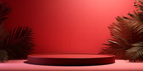 Fotobehang Red background with shadows of palm leaves on a red wall, an empty table top for product presentation. A mockup banner stand podium © Celina