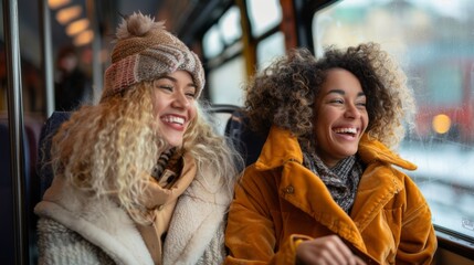 Two cheerful pretty young women are standing in bus and looking at the phone and smiling while waiting for bus to take them to their destination.