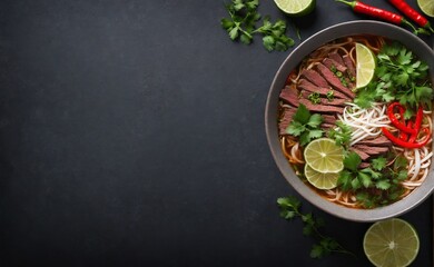 Fototapeta na wymiar A bowl of spicy beef pho with fresh herbs and lime 