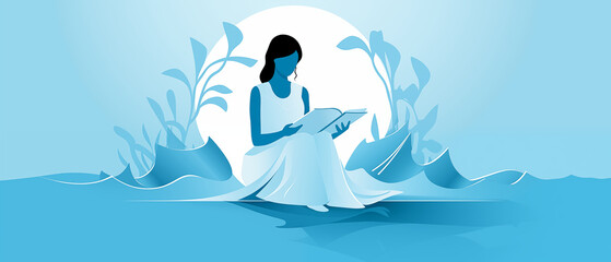 illustration woman reading a book on light blue background.