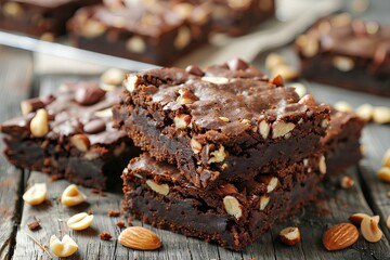 A stack of brownies with nuts on a wooden table with a knife and spoon in the background and a few - obrazy, fototapety, plakaty