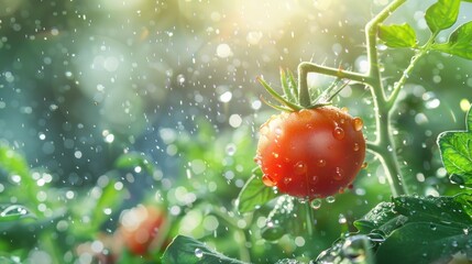 In the spotlight, a plump tomato gleams with water droplets, evoking the sensation of biting into its ripe and succulent flesh. Sensory delight display.
 - obrazy, fototapety, plakaty