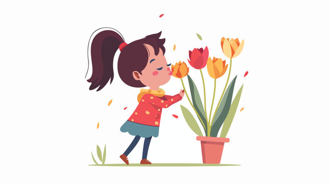 Girl smelling flower. Kid standing on one leg holding