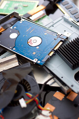 Close-up of the components of an old laptop computer