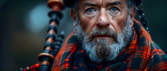 Highland Piper's Gaze: A Portrait of Tradition and Pride. Concept Portrait Photography, Highland Tradition, Scottish Pride, Cultural Heritage, Traditional Attire