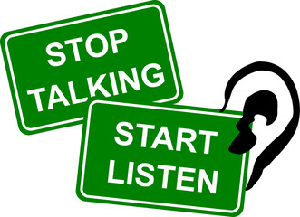 Vektor Darstellung Sozialverhalten - Stop talking - Start listen - Zuhören und Verstehen - Verhalten