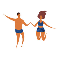 Young couple in swimsuits jumping cute cartoon characters illustration. Hand drawn flat style design, isolated vector. Summer holidays, vacations, outdoors, beach activity, pool, seasonal element - 785440396