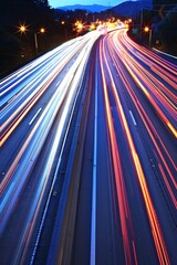 Fototapeta na wymiar Urban night motion blurred traffic lights on highway, fast vehicles creating light trails