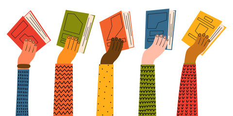 Hands holding books. Bestseller, reading, library, education concept. Book donation. 