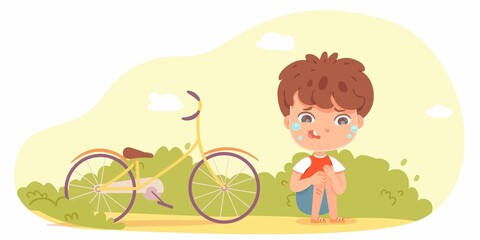 Obraz na płótnie Canvas Sad Crying Boy Fell From Bike Little Child Sitting Ground Park Putdoor Leg Hurting With Pain Sad Ups