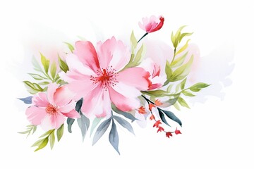 Watercolor painting of a bouquet of light pink flowers.