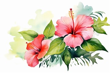 Watercolor painting of a bouquet of red hibiscus flowers with beautiful bright green leaves.