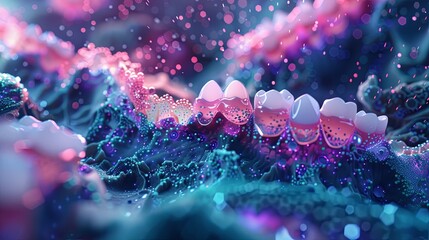 3D render of a set of pearly white teeth with pink gums against a blue background. - obrazy, fototapety, plakaty