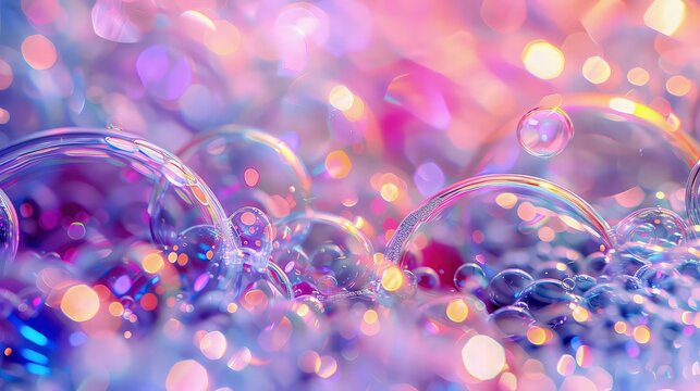 A stunning abstract background characterized by a dynamic interplay of bubbles and bokeh lights. The bubbles, varying in shape and color, drift gracefully across the canvas. 