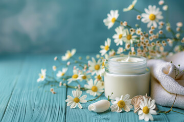 Obraz na płótnie Canvas A jar of lotion is on a table next to a bunch of white flowers. The flowers are scattered around the jar, and there is a towel nearby. Concept of relaxation and self-care