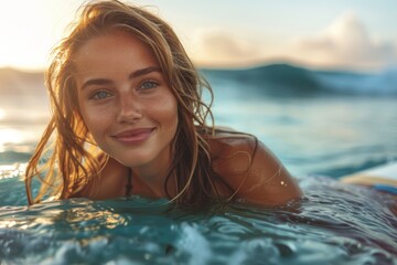 Portrait of a beautiful girl floating in the water and smiling at the camera. The concept of a summer vacation at sea - obrazy, fototapety, plakaty
