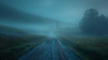 Misty Dawn's Serenade: A Road Less Travelled. Concept Misty Morning, Serenade, Road Less Traveled, Nature's Beauty, Journey of Discovery