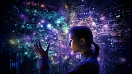 Abstract image symbolizing the technology of circuits, networks and microchips. Illustration of a young girl studying artificial intelligence, geometric shapes in purple and pink colors.